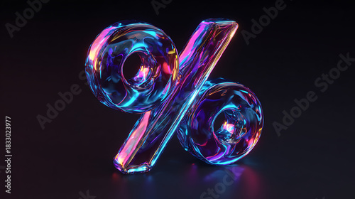 Iridescent glass percentage symbol with vibrant neon lighting glowing