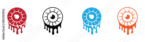 Spooky halloween eyeballs dripping blood with cracked iris. Cartoon Halloween eyeball. Halloween human or zombie eye icon, element for design. Vector stock illustration, isolated element. 