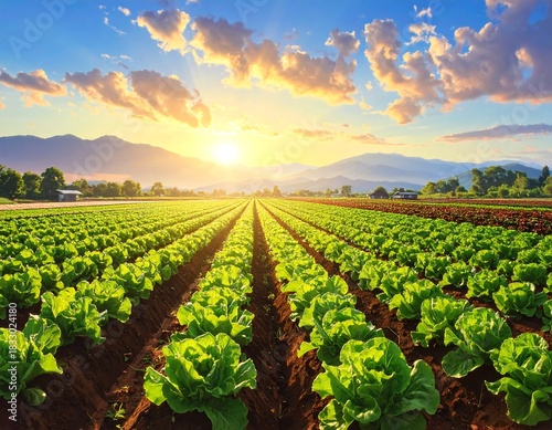 Lush lettuce field at sunset: A vibrant agricultural landscape showing crop rows