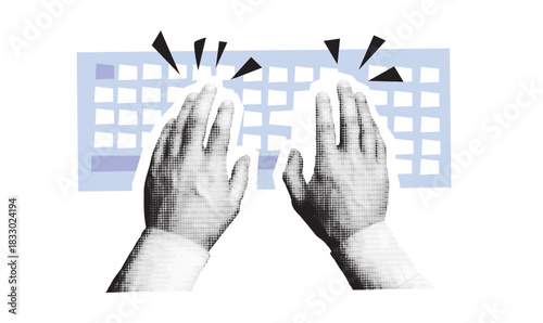 Hands typing on a keyboard, halftone mixed media collage. Concept of technology and workspace, business, office work. Vector illustration.