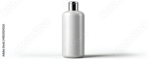 Minimalist vertical container labeled shampoo with sleek design and metallic cap against a plain white background
