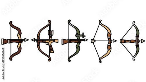 Illustrated vector set featuring a variety of archery bows and arrows, highlighting distinct designs for sport, hunting, and historical weaponry concepts