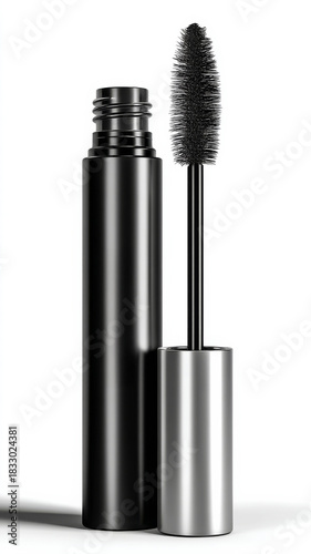 Close-up of a sleek, black mascara tube with a brush on a clean, white background