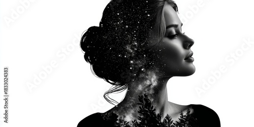 A silhouette of a woman with flowing hair, combined with a cosmic and starry background, conveying a sense of serenity and introspection