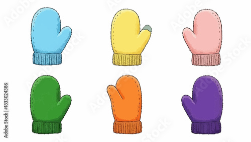 Collection of six colorful cartoon knitted mittens with textured detail isolated on a white background for winter warmth and holiday season concept