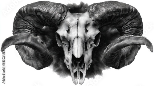 Detailed black and white tattoo mockup design featuring a horned ram skull illustration with intricate shading