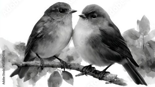 Two love birds perched closely on a branch surrounded by soft leaves, showcasing a tender moment of connection