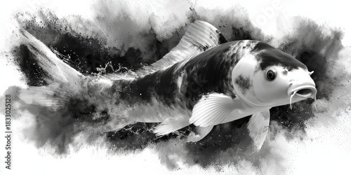 Detailed tattoo mockup design featuring a koi fish with intricate patterns in a black and white watercolor effect