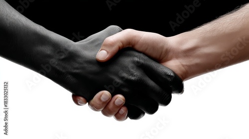 Two diverse hands clasped together in a handshake, symbolizing unity and collaboration against a plain background