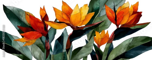 Vibrant stained glass depiction of tropical flowers with autumn hues showcasing intricate patterns and details