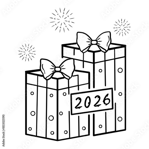 Year Wrapped With Surprises 2026 concept, Unbox the Magic of Twenty Twenty six vector icon design,  Gift Boxes tagged with 2026 with fireworks stock illustration