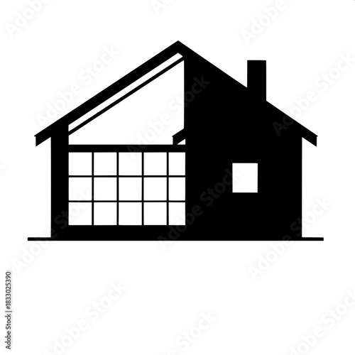 Ultra-minimal home silhouette with a large grid window on the left side and a small window on the right side, set against a clean white background, featuring a flat design aesthetic with sharp lines a