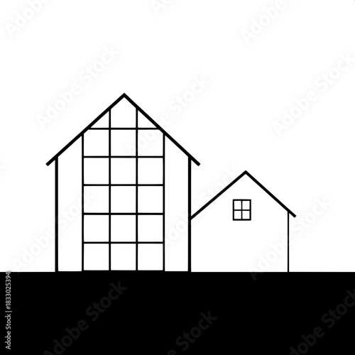 Ultra-minimal home silhouette with a large grid window on the left side and a small window on the right side, set against a clean white background, featuring a flat design aesthetic with sharp lines a