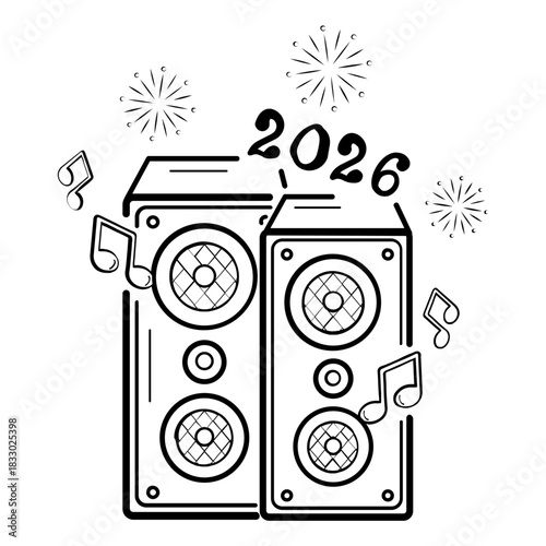 Turn Up the Volume for 2026 concept, Sound of Twenty Twenty Six Celebration vector icon design, Multimedia Speaker with Fireworks New Year beginning stock illustration