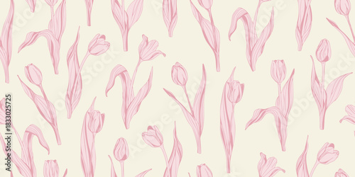 Soft pastel seamless pattern with tulip flowers and buds in line art. Hand drawn flower background for for spring branding, wedding, nursery decor, textile prints, wrapping paper
