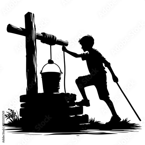 Black and White Vector Boy Fetching Water from Well