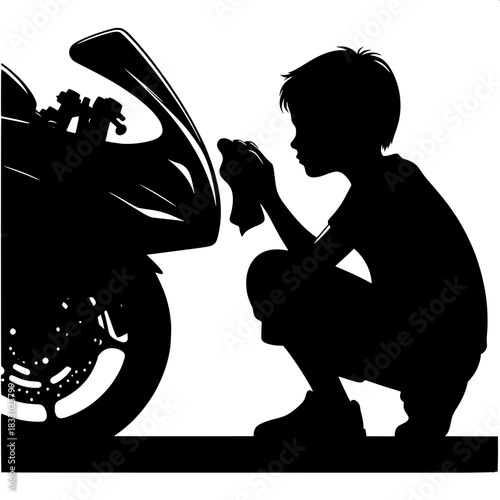 Black and White Vector Boy Cleaning Motorbike