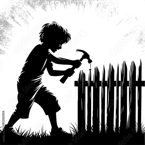 Black and White Vector Boy Repairing Fence