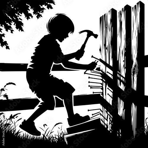 Black and White Vector Boy Repairing Fence