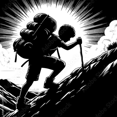 Black and White Vector Boy Carrying Backpack on Steep Hill