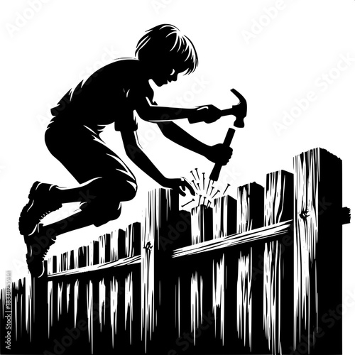 Black and White Vector Boy Repairing Fence