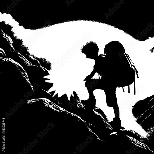 Black and White Vector Boy Carrying Backpack on Steep Hill
