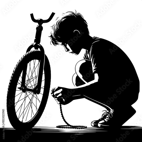 Black and White Vector Boy Fixing Broken Bicycle