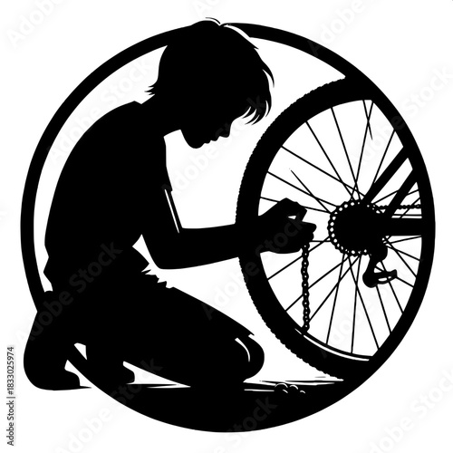 Black and White Vector Boy Fixing Broken Bicycle