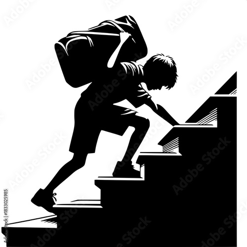 Black and White Vector Boy Pulling Heavy Bag Up Stairs