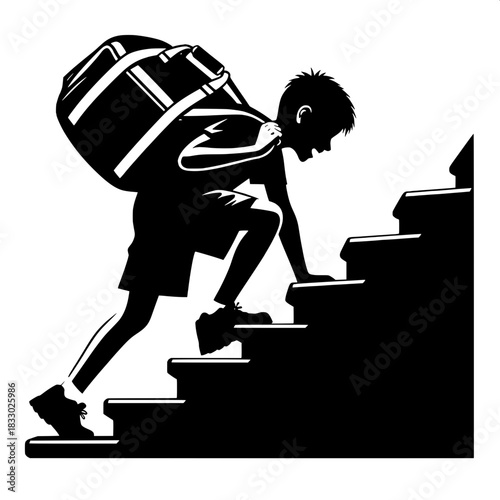 Black and White Vector Boy Pulling Heavy Bag Up Stairs
