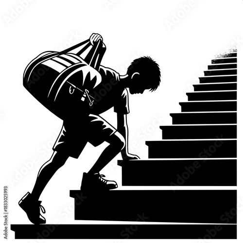 Black and White Vector Boy Pulling Heavy Bag Up Stairs