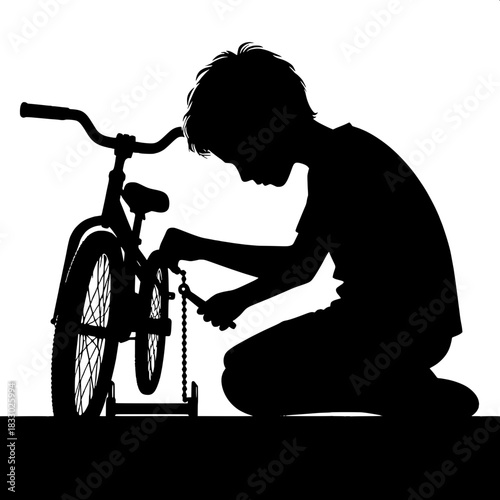 Black and White Vector Boy Fixing Broken Bicycle