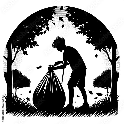 Black and White Vector Boy Collecting Trash Outdoors
