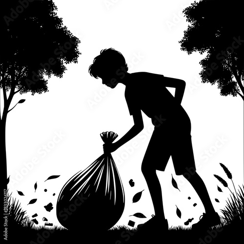Black and White Vector Boy Collecting Trash Outdoors