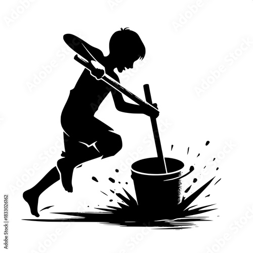 Black and White Vector Boy Mixing Cement