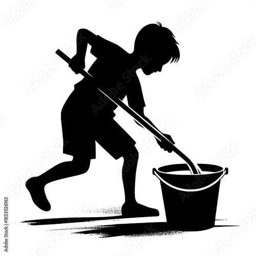 Black and White Vector Boy Mixing Cement
