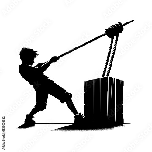 Black and White Vector Boy Pulling Rope to Lift Load