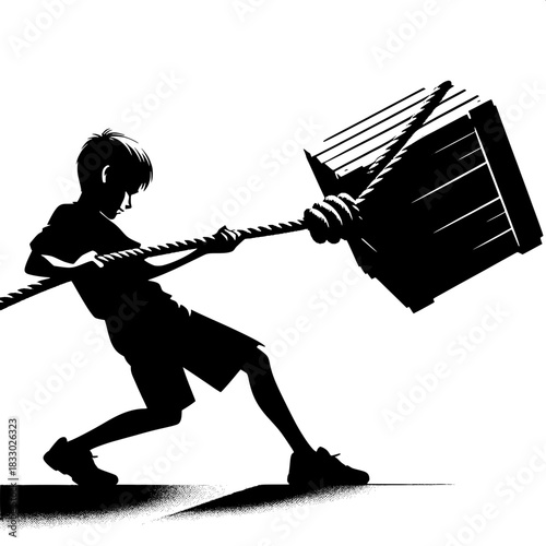 Black and White Vector Boy Pulling Rope to Lift Load