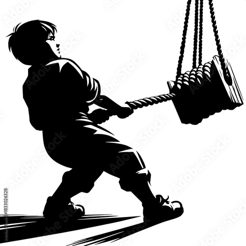 Black and White Vector Boy Pulling Rope to Lift Load