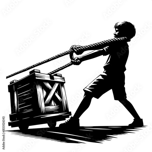 Black and White Vector Boy Pulling Rope to Lift Load