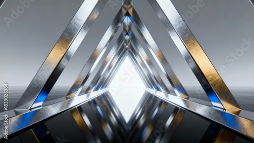 Fototapeta Naklejka Na Ścianę i Meble -  Geometric metallic triangle structure with reflective surfaces and blue lighting