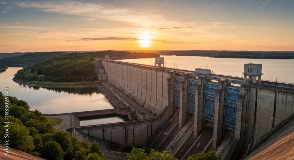 Fototapeta premium Sunrise over a massive dam, reflecting on a serene lake. Forest and hills surround the water