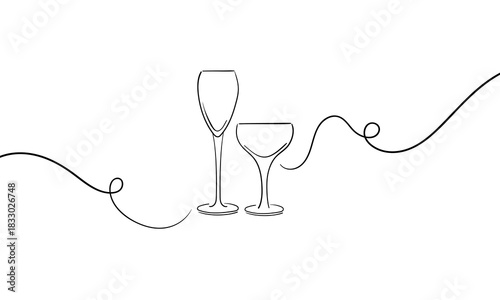 Continuous line champagne cheers one line art, continuous drawing contour. Hands toasting with wine glasses with drinks. Cheers toast festive decoration for holidays. Vector illustration	