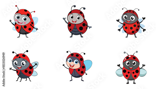 Cute ladybug characters waving and smiling for children's designs
