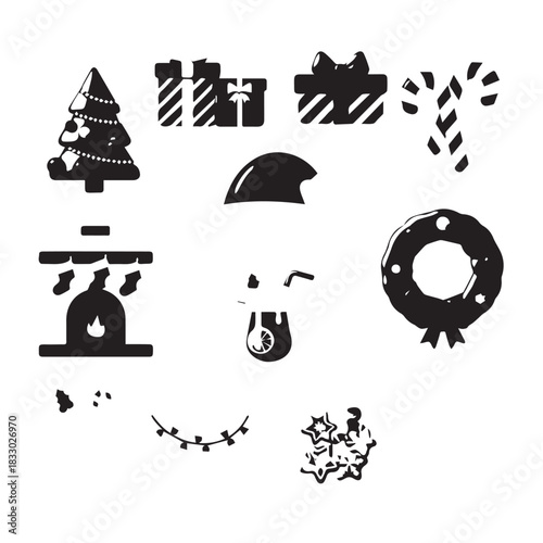 Collection of festive holiday icons featuring tree, gifts, snowman, wreath, lights and other silhouette decorations.