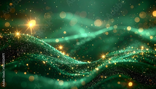 Luxurious emerald green abstract background featuring shimmering golden particles, dynamic light waves, and sparkling bokeh effects for elegant designs and festive celebrations