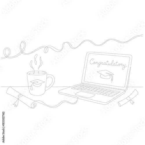 Graduation Line Art: Laptop, Diploma, and Coffee

