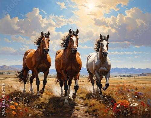 Majestic horses gallop across vibrant fields, embodying freedom and natural beauty