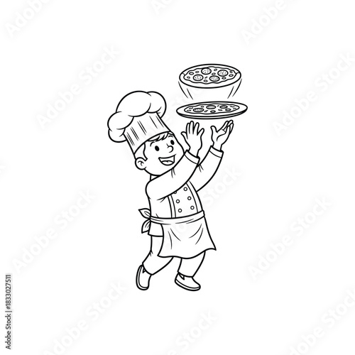 Cute Cartoon Chef Tossing Pizza Dough Coloring Page