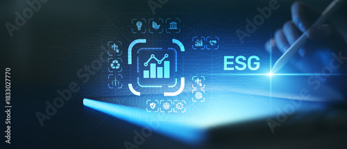 ESG Data Analytics and Sustainable Investment Strategy Illustrated on Digital Interface.